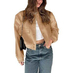 Women Brown Cropped Bomber Jacket Button Down Varsity Shacket with Pockets